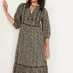 Tie Neck 3/4 Sleeve Piped Black Multi Floral